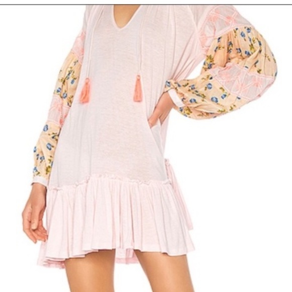Anthropologie Embroidered Ruffle Pink Tunic Boho Mini Dress Coastal Cowgirl Sz S - Picture 1 of 12